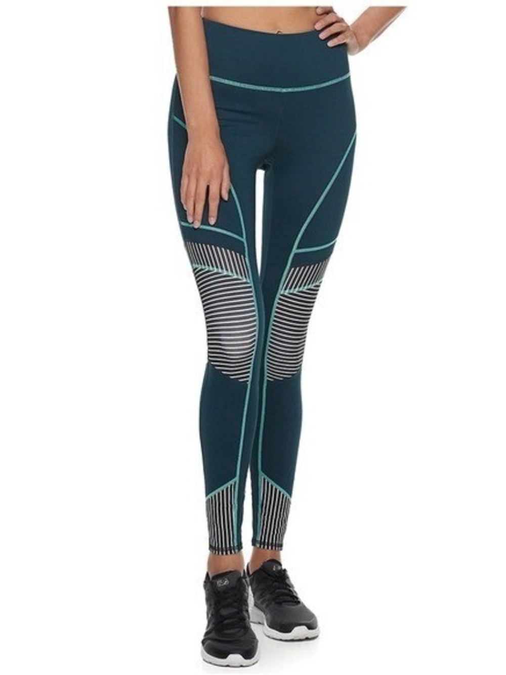 Fila Sport Teal Leggings with Black-and-White Stripe Panels